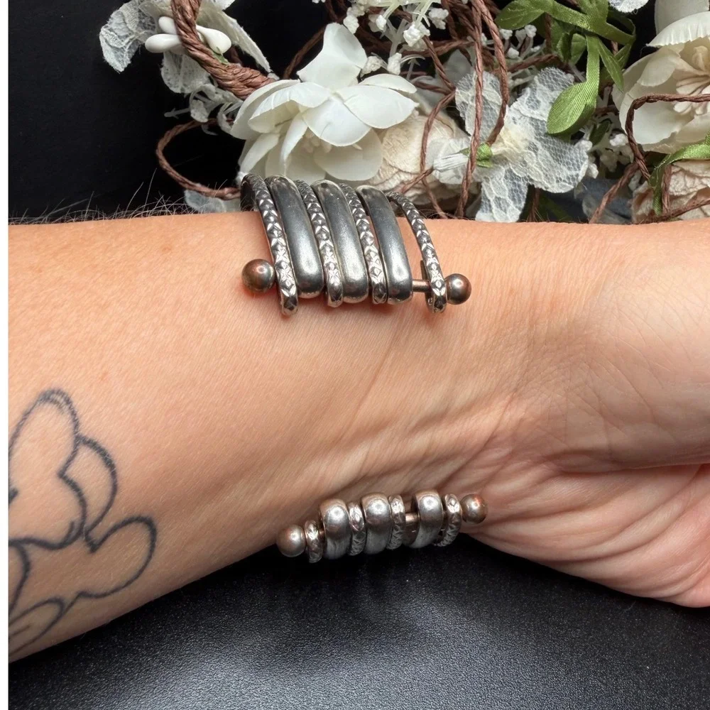 Silver Tone Multi Band Cuff Bracelet Stacked Look Boho Industrial Adjustable
